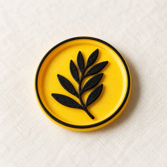 Primer plano de un sello adhesivo Rama de olivo amarillo y negro Signature