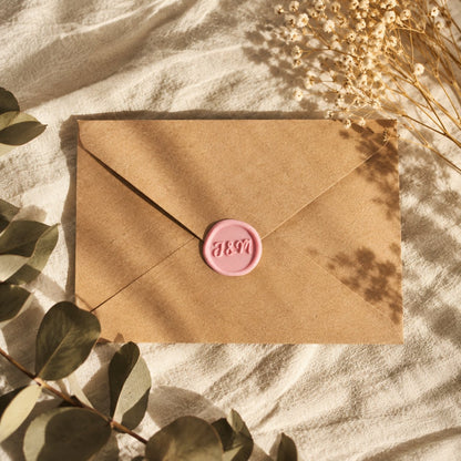 Sello adhesivo rosa con iniciales en relieve sobre un sobre kraft