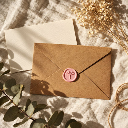 Sello adhesivo de ginkgo en rosa sobre un sobre kraft