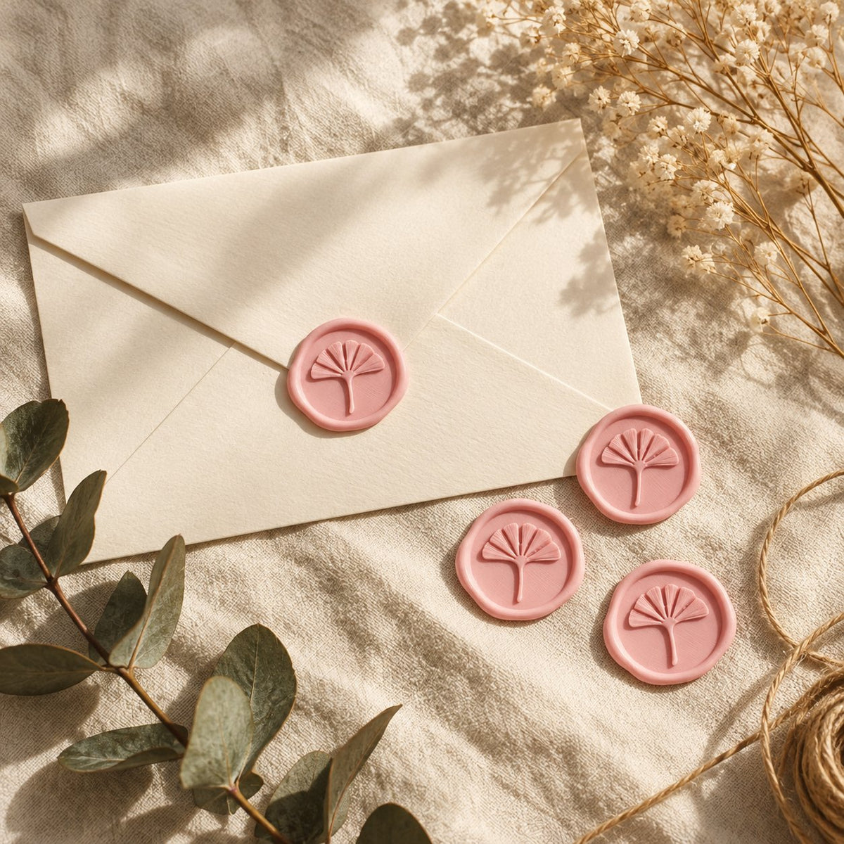 Sobre crema con sellos adhesivos de ginkgo en rosa