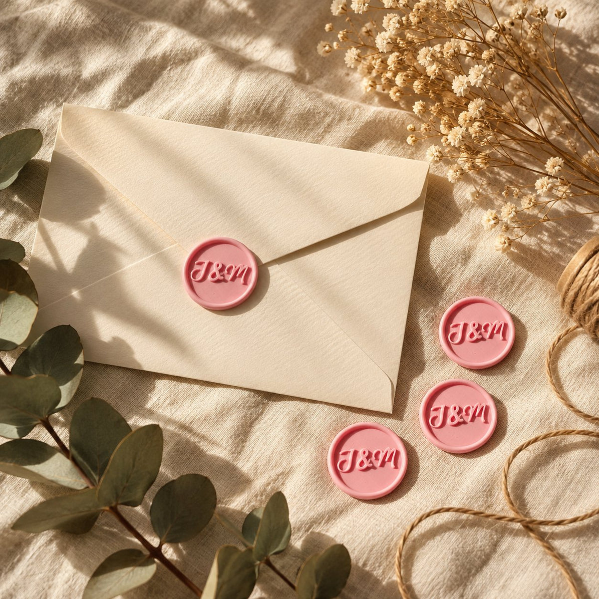 Sobre crema con sello adhesivo rosa con iniciales, junto a tres sellos más sobre tela crema