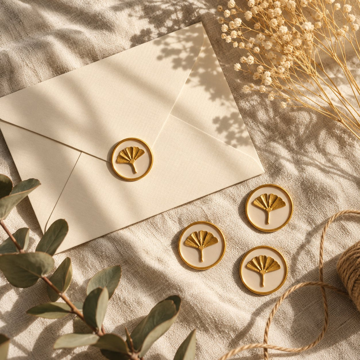 Sobre crema con sello adhesivo de ginkgo arena y dorado, junto a tres sellos más sobre tela crema