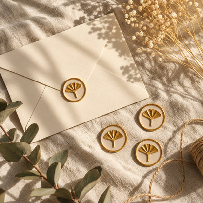 Sobre crema con sello adhesivo de ginkgo arena y dorado, junto a tres sellos más sobre tela crema