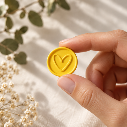 Sello adhesivo Corazón amarillo Minimal sostenido en la mano