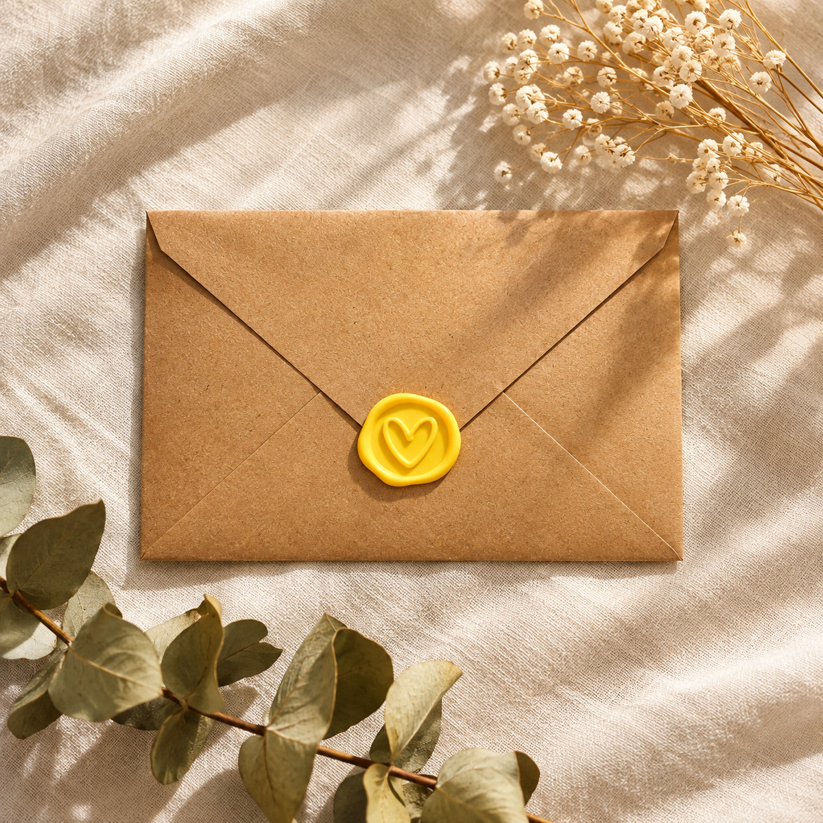 Sello adhesivo Corazón amarillo Minimal rústico sobre un sobre kraft
