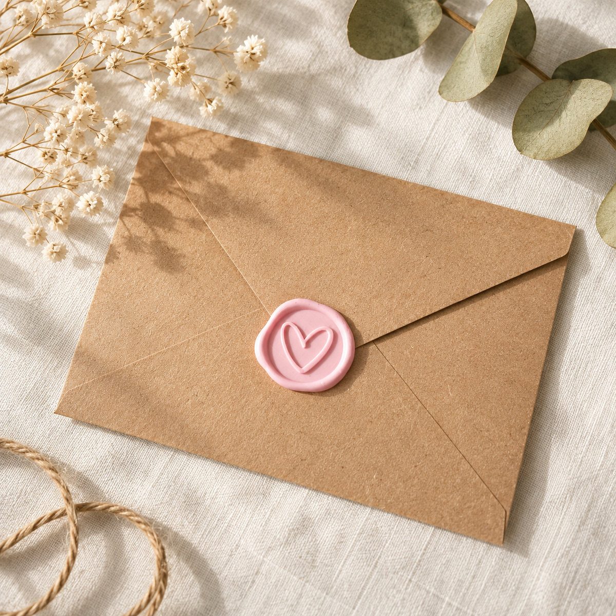 Sello adhesivo Corazón rosa Minimal rústico sobre un sobre kraft