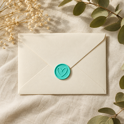 Sello adhesivo Corazón turquesa Minimal sobre un sobre crema