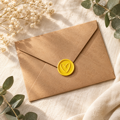 Sello adhesivo Minimal amarillo con un corazón sobre un sobre kraft