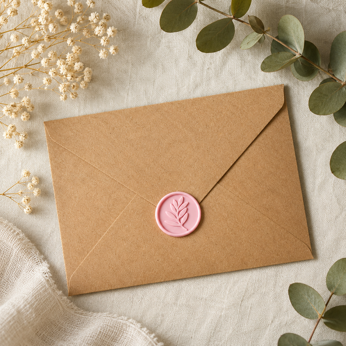 Sello adhesivo Rama de olivo rosa Minimal sobre un sobre kraft
