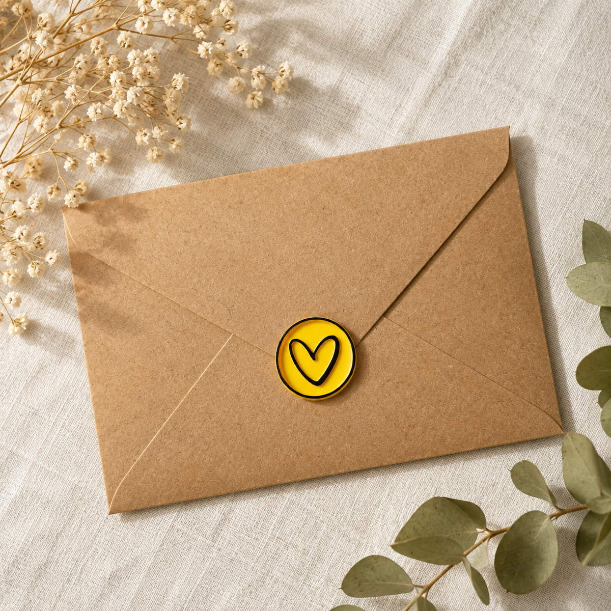 Sello adhesivo Corazón amarillo y negro Signature sobre un sobre kraft