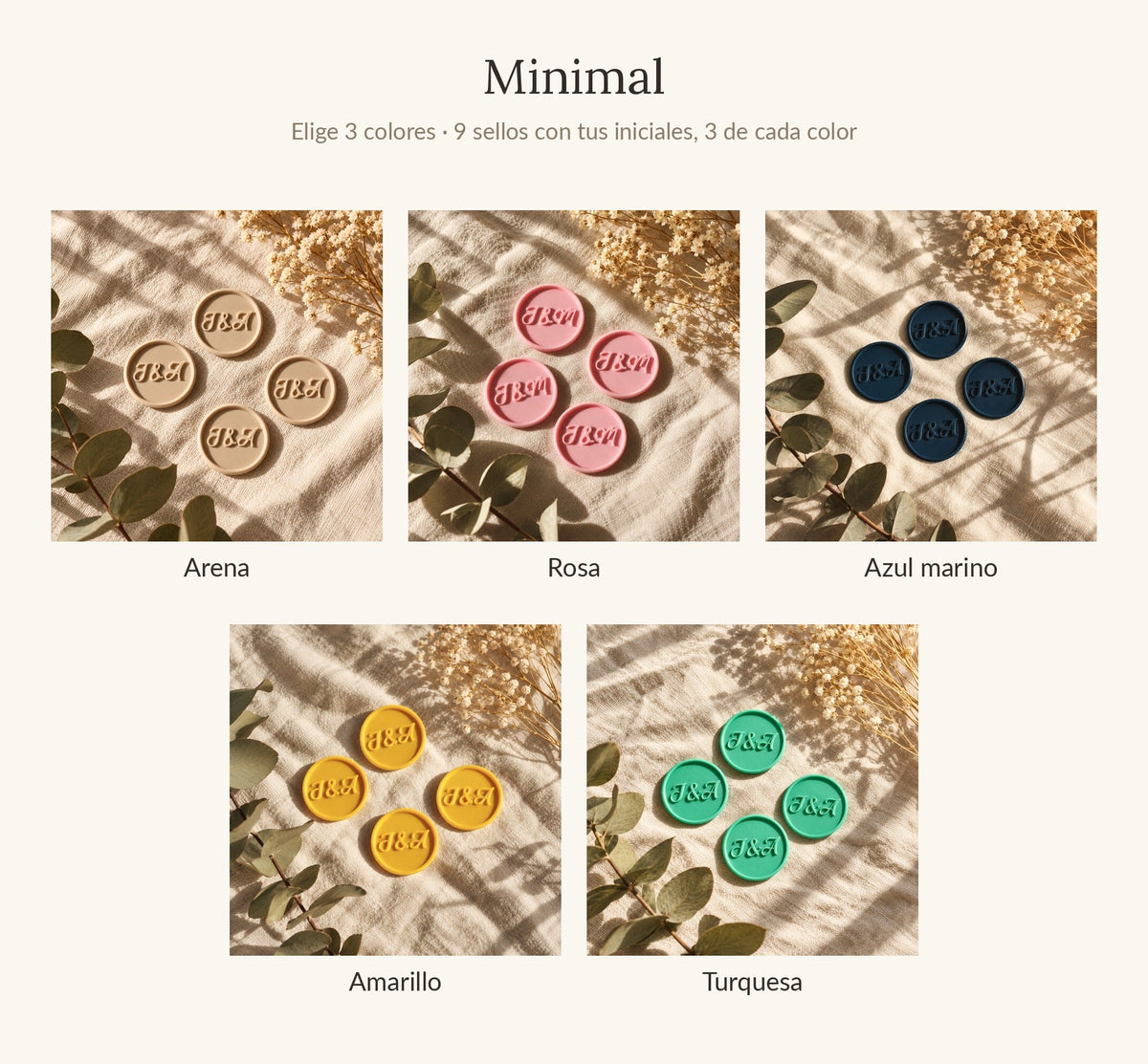 Carta de colores del pack de prueba con iniciales Minimal: sellos adhesivos con las iniciales en relieve en arena, rosa, azul marino, amarillo y turquesa