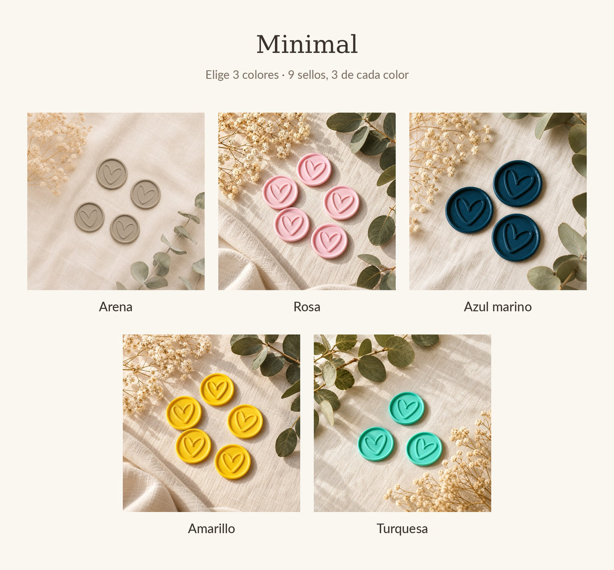 Carta de colores del pack de prueba Minimal: sellos adhesivos en arena, rosa, azul marino, amarillo y turquesa