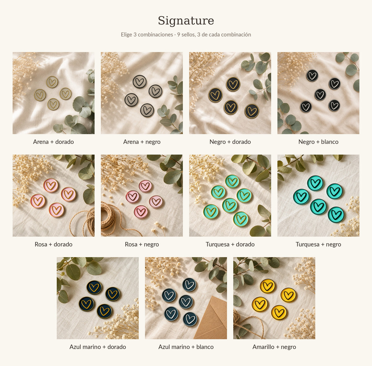 Carta de combinaciones del pack de prueba Signature: 11 sellos adhesivos pintados a mano en distintos colores y acabados