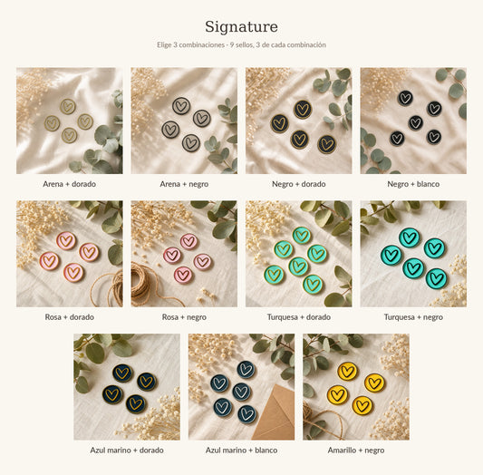 Carta de combinaciones del pack de prueba Signature: 11 sellos adhesivos pintados a mano en distintos colores y acabados