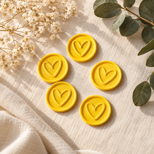 Sellos adhesivos Corazón amarillo Minimal sobre lino con flores secas y eucalipto