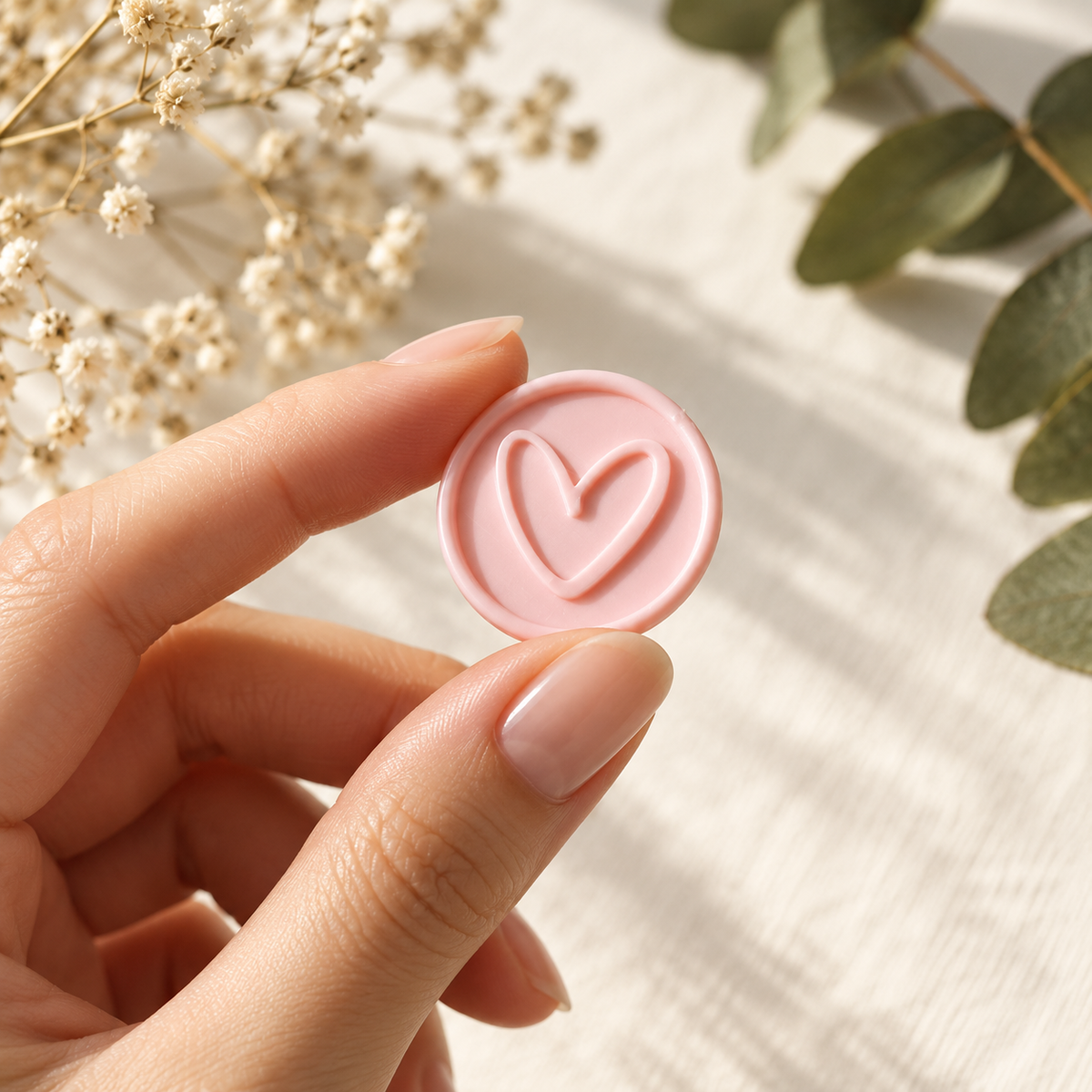 Sello adhesivo Minimal rosa con un corazón, sostenido en la mano
