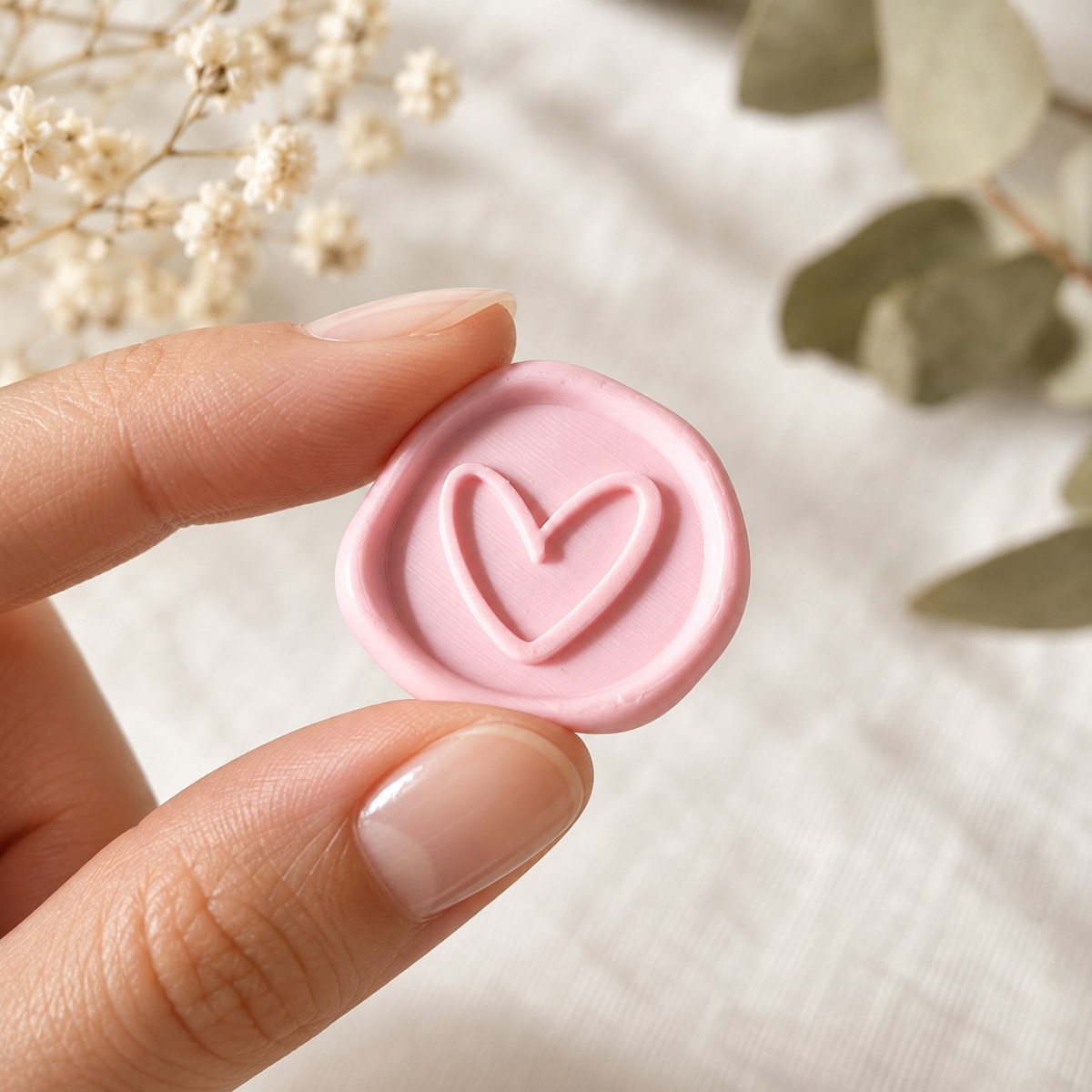 Sello adhesivo Corazón rosa Minimal rústico sostenido en la mano