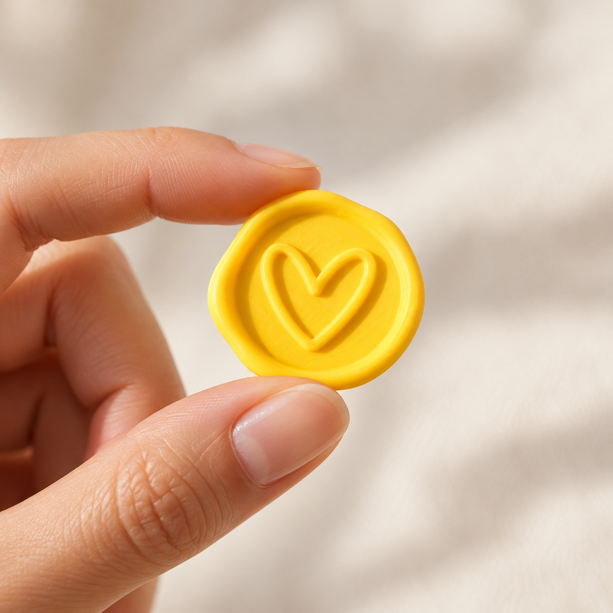 Sello adhesivo Corazón amarillo Minimal rústico sostenido en la mano